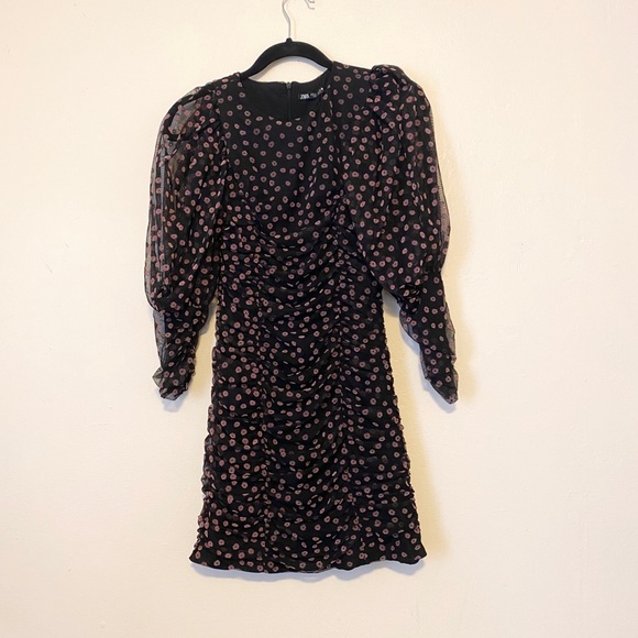 ZARA DRAPED FLORAL MINI DRESS - Picture 6 of 9